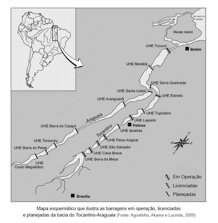 Mapa esquemático que ilustra as barragens em operação, licenciadas e planejadas da bacia do Tocantins-Araguaia